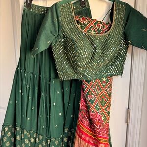 Green and Gold Traditional Lengha with Embroidered Dupatta